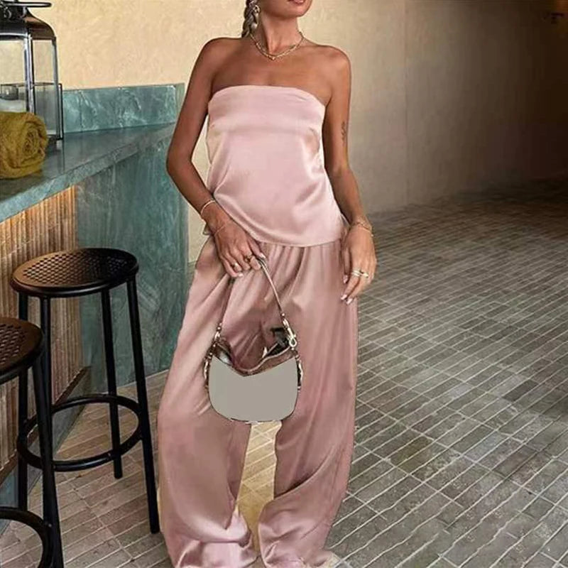 Feminino elegante sem alças solto outfits moda cintura alta cetim sólido 2pc terno sexy fora do ombro sem mangas topos & calça longa conjunto