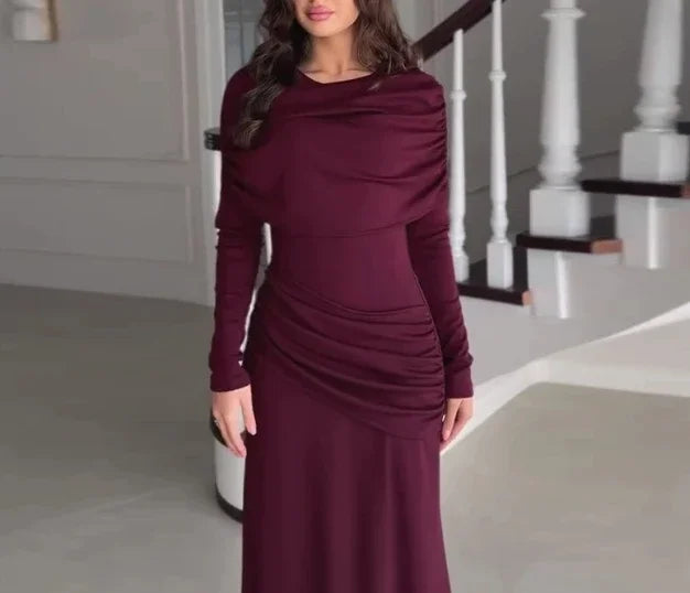 Cpsymym vestidos femininos primavera novo em torno do pescoço mangas compridas elegante temperamento ruched cintura cinching magro vestido longo de noite