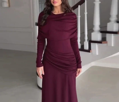 Cpsymym vestidos femininos primavera novo em torno do pescoço mangas compridas elegante temperamento ruched cintura cinching magro vestido longo de noite