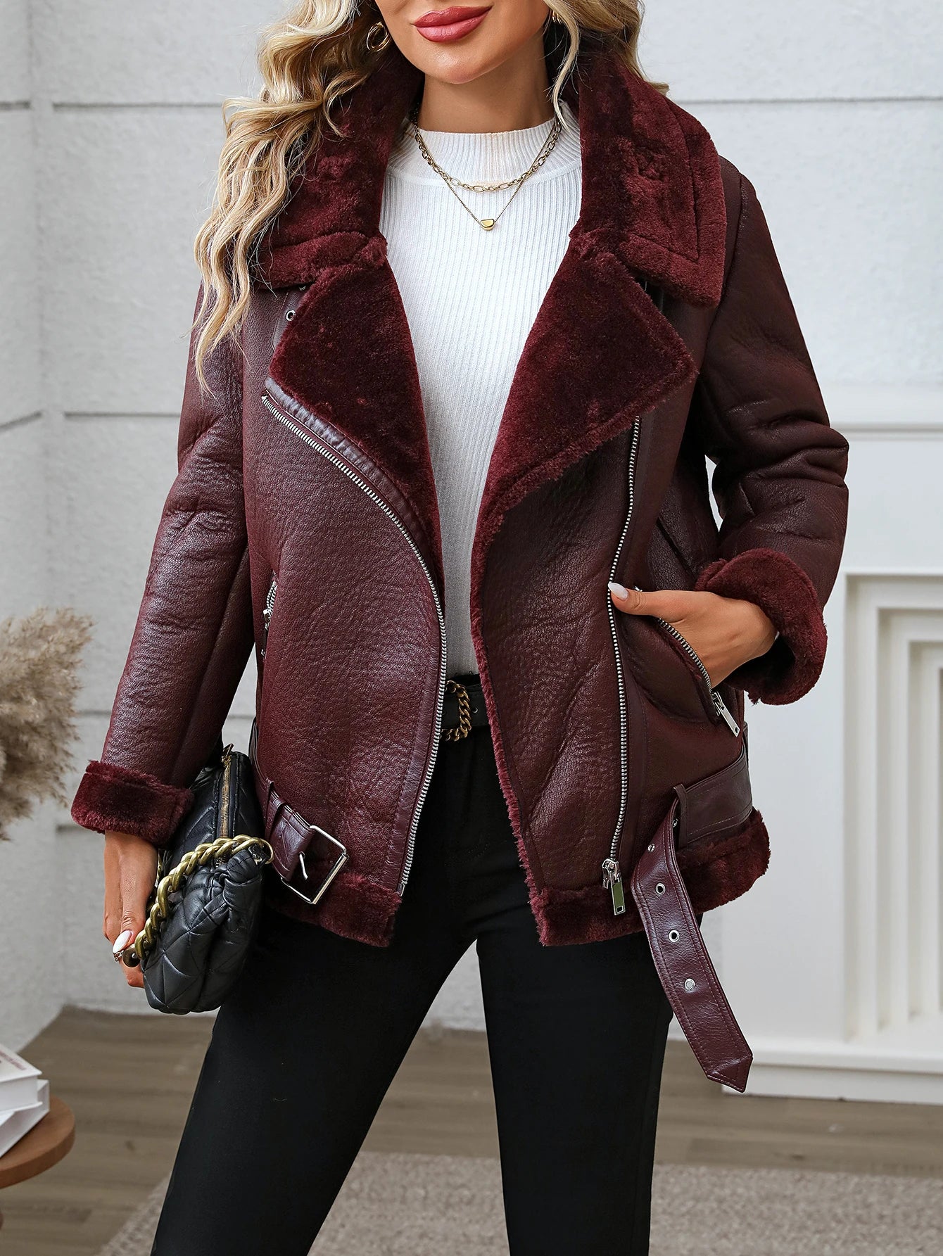 Fitaylor inverno feminino jaqueta de couro de pele do falso casual senhora grosso casaco de couro quente alta rua motocicleta outwear