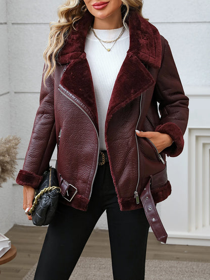 Fitaylor inverno feminino jaqueta de couro de pele do falso casual senhora grosso casaco de couro quente alta rua motocicleta outwear