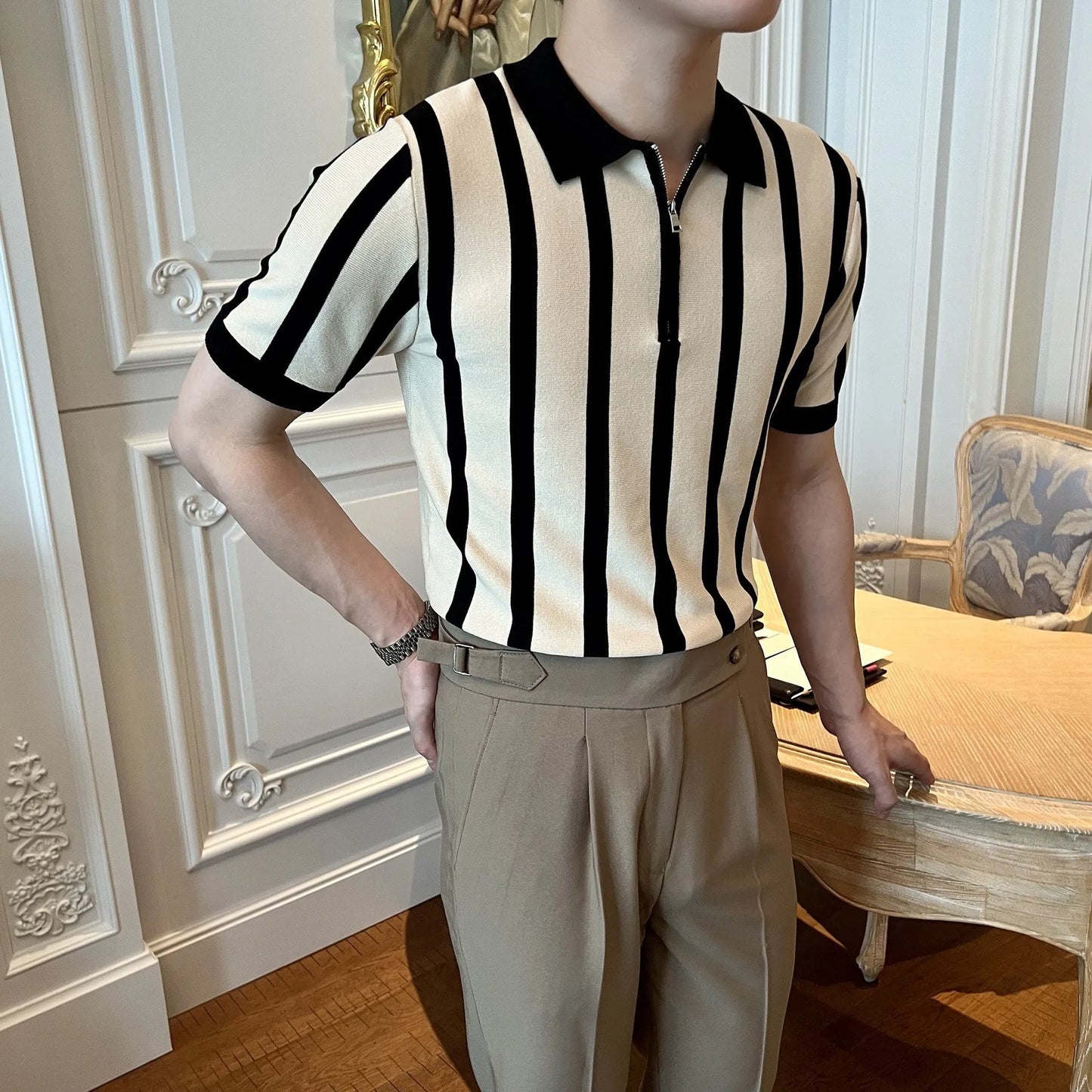 Men's Clothing Leisure Light Luxury Knitted Polo Shirt Korean Striped Zipper Short Sleeve Retro Breathable Fashion Knitwear Tees