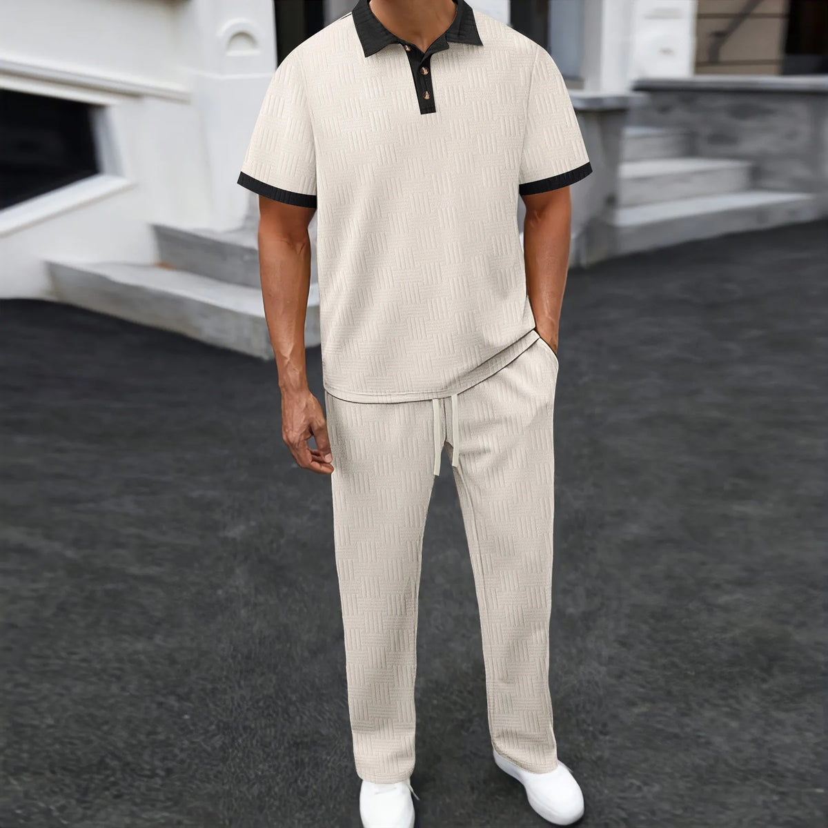 Conjunto Masculino de 2 Peças: Camisa Polo e Calça com Gola Texturizada em Contraste – Agasalho Casual para o Dia a Dia e Streetwear