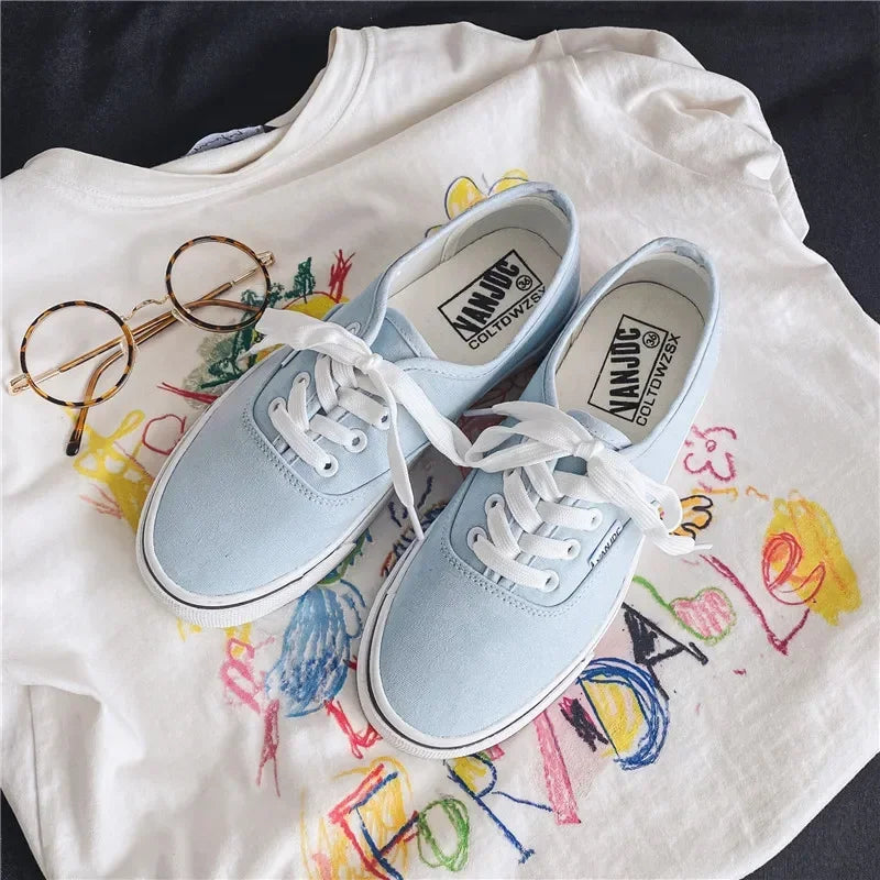 Casual apartamentos tênis de lona feminino ao ar livre cor sólida rasa sapatos esportivos tênis feminino streetwear rendas até sapatos vulcanizados