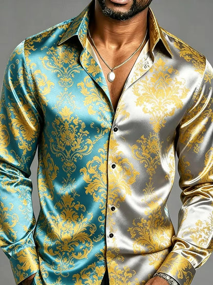Nova Camisa Masculina de Manga Longa com Estampa Geométrica de Arquitetura do Deserto em Preto e Dourado, Top de Cetim Brilhante
