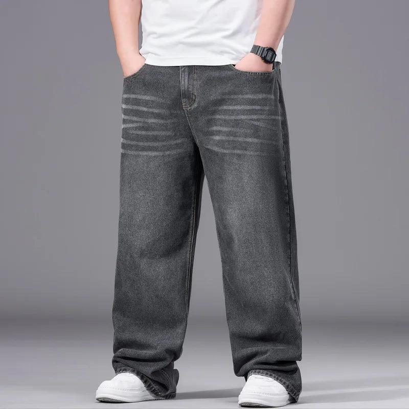 FENROOST Calça Jeans Masculina Plus Size de Cintura Alta Reta Solta Versátil para Todas as Estações Nova