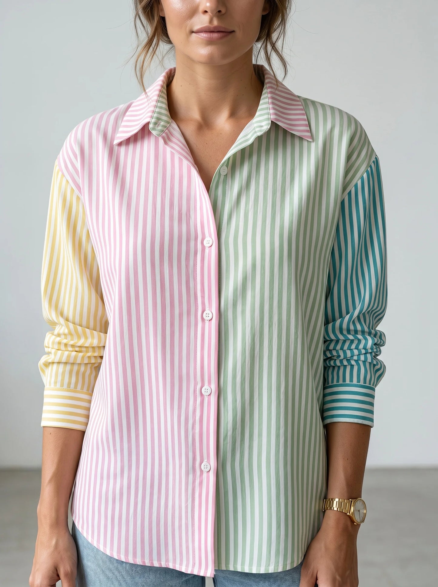Camisa Feminina Gadinus Listrada com Bloco de Cores, Manga Longa, Ajuste Slim, Blusa Casual com Botões e Gola Dobrável
