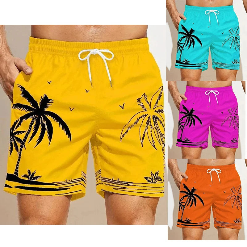 Calção de Banho Havaiano de Secagem Rápida Masculina, Shorts Esportivos para Férias, Estampado 3D Coqueiro, Solto, Moda Verão, 6XL