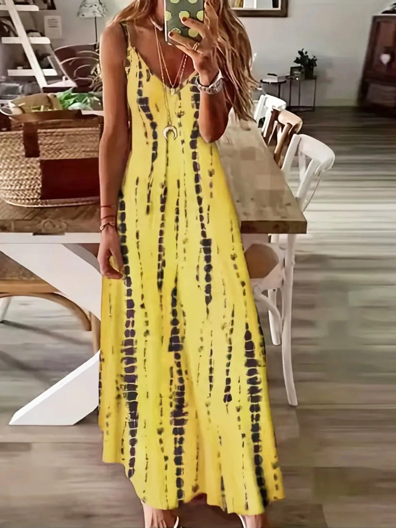 Feminino casual solto com decote em v tie dye impresso espaguete maxi vestido verão praia férias vestido longo