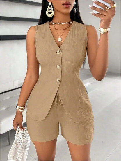 Moda casual shorts conjunto de 2 peças feminino confortável casual cor sólida botão sem mangas colete rendas até shorts conjunto