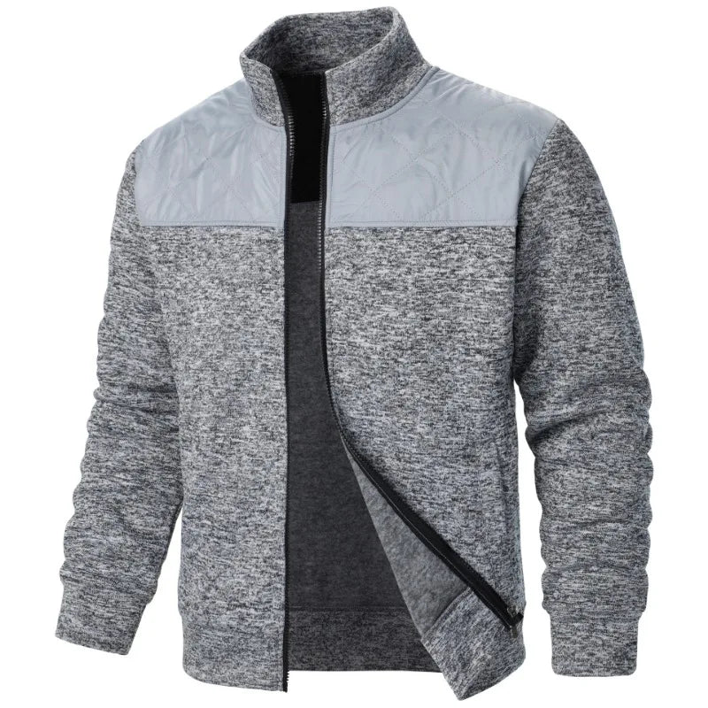 Jaqueta masculina patchwork com gola alta, corte slim, estilo cardigã, streetwear, esportiva, casual, com zíper, ideal para atividades ao ar livre.