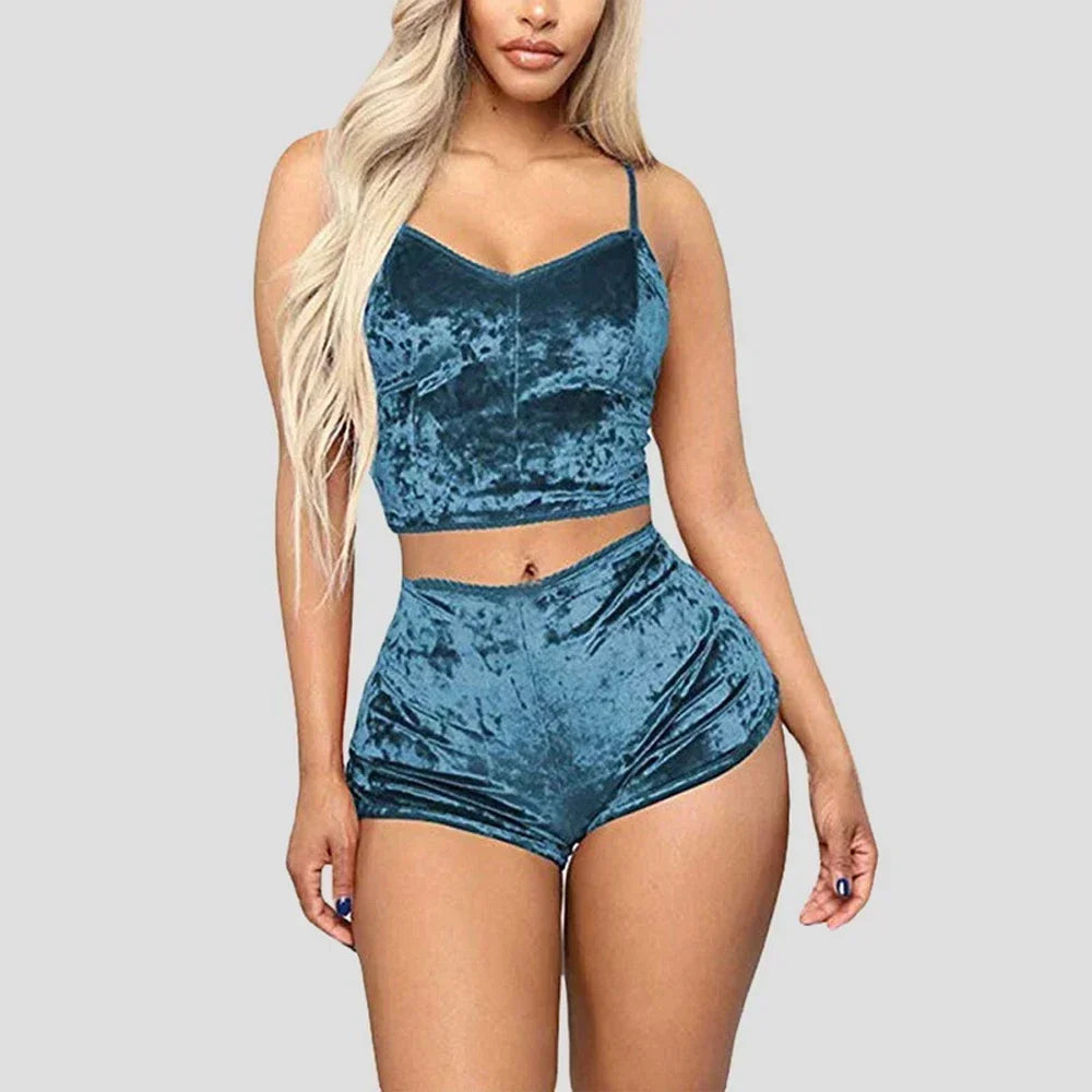 Conjunto de pijama de veludo sem mangas feminino, roupa interior confortável com decote em v, blusa e shorts, poliéster Homewear, 2 peças por conjunto