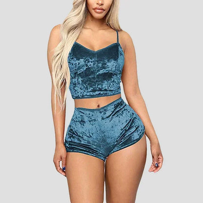 Conjunto de pijama de veludo sem mangas feminino, roupa interior confortável com decote em v, blusa e shorts, poliéster Homewear, 2 peças por conjunto