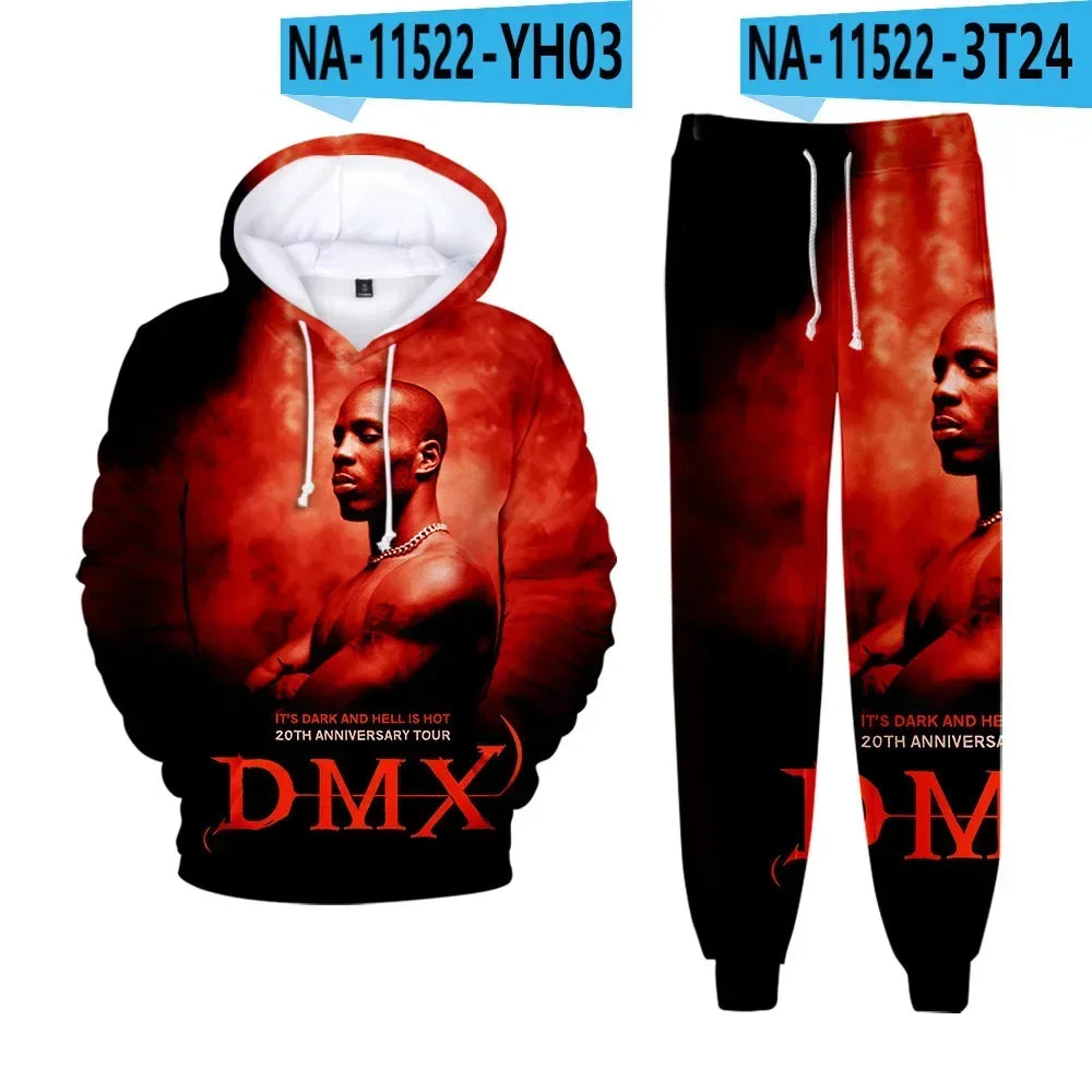 Hip hop rapper dmx impressão 3d conjuntos de treino masculino moda terno esportivo moletom com capuz + moletom roupas masculinas 2 peças conjunto