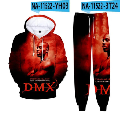 Hip hop rapper dmx impressão 3d conjuntos de treino masculino moda terno esportivo moletom com capuz + moletom roupas masculinas 2 peças conjunto