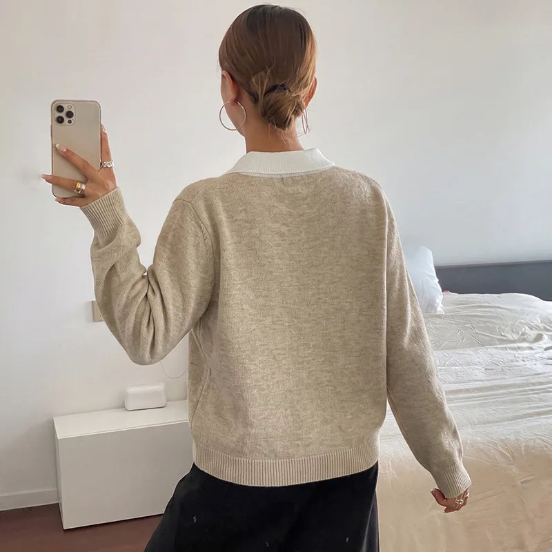 Suéter Feminino Elegante com Gola de Lapela, Jacquard em Losangos, Manga Longa, Estilo Outono, Suave e Delicado.