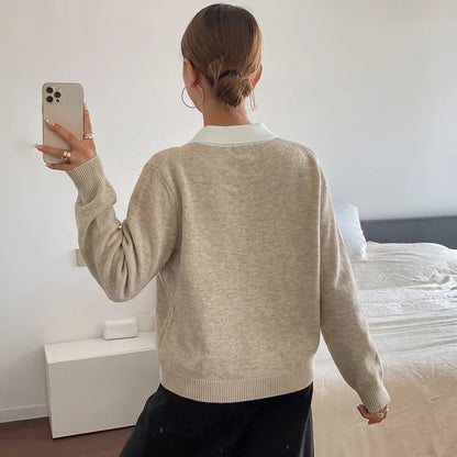 Suéter Feminino Elegante com Gola de Lapela, Jacquard em Losangos, Manga Longa, Estilo Outono, Suave e Delicado.