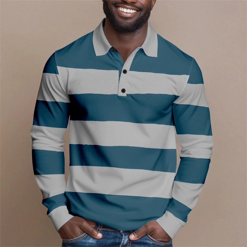 Simple Fashion Striped Graphic Polo Shirts For Men Casual Retro 3D Printed Long Sleeve Golf Polo Loose Daily Wear Business Tops