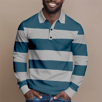 Simple Fashion Striped Graphic Polo Shirts For Men Casual Retro 3D Printed Long Sleeve Golf Polo Loose Daily Wear Business Tops