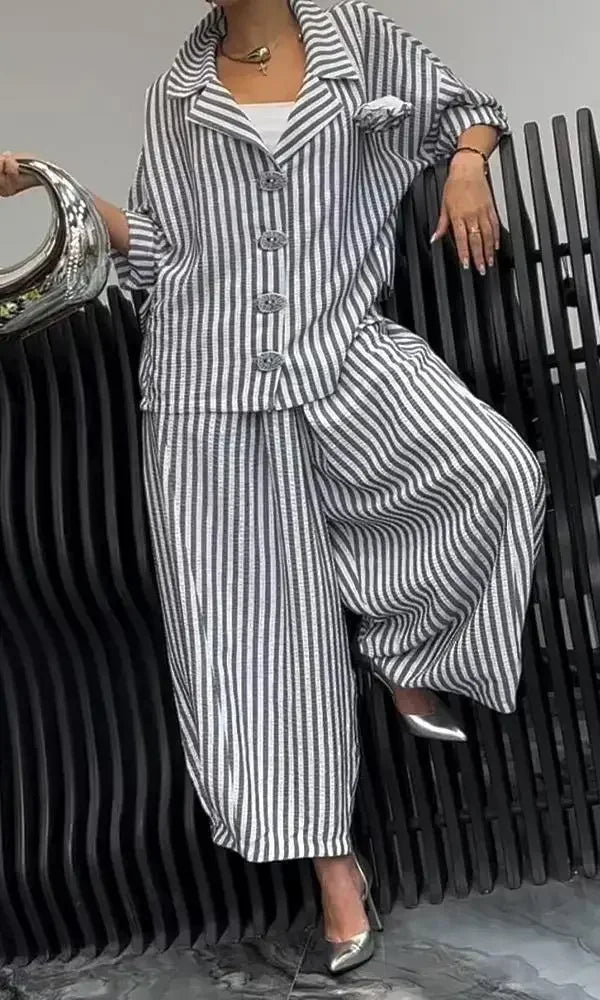 2025 Spring Fall Women's 2 Piece Set Suit Office Lady Floral Striped Loose Blazer Casual Wide Leg Pants Suits For Women Clothing