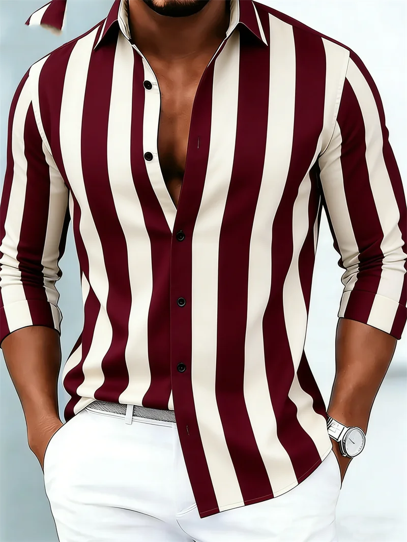 Nova camisa masculina de manga comprida, casual, com estampa 3D listrada, de alta qualidade, com fechamento de botão único.