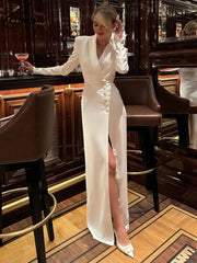 Vestido feminino elegante branco com lapela da Oymimi, manga comprida, abotoamento simples, modelagem reta e corte reto, perfeito para o outono.