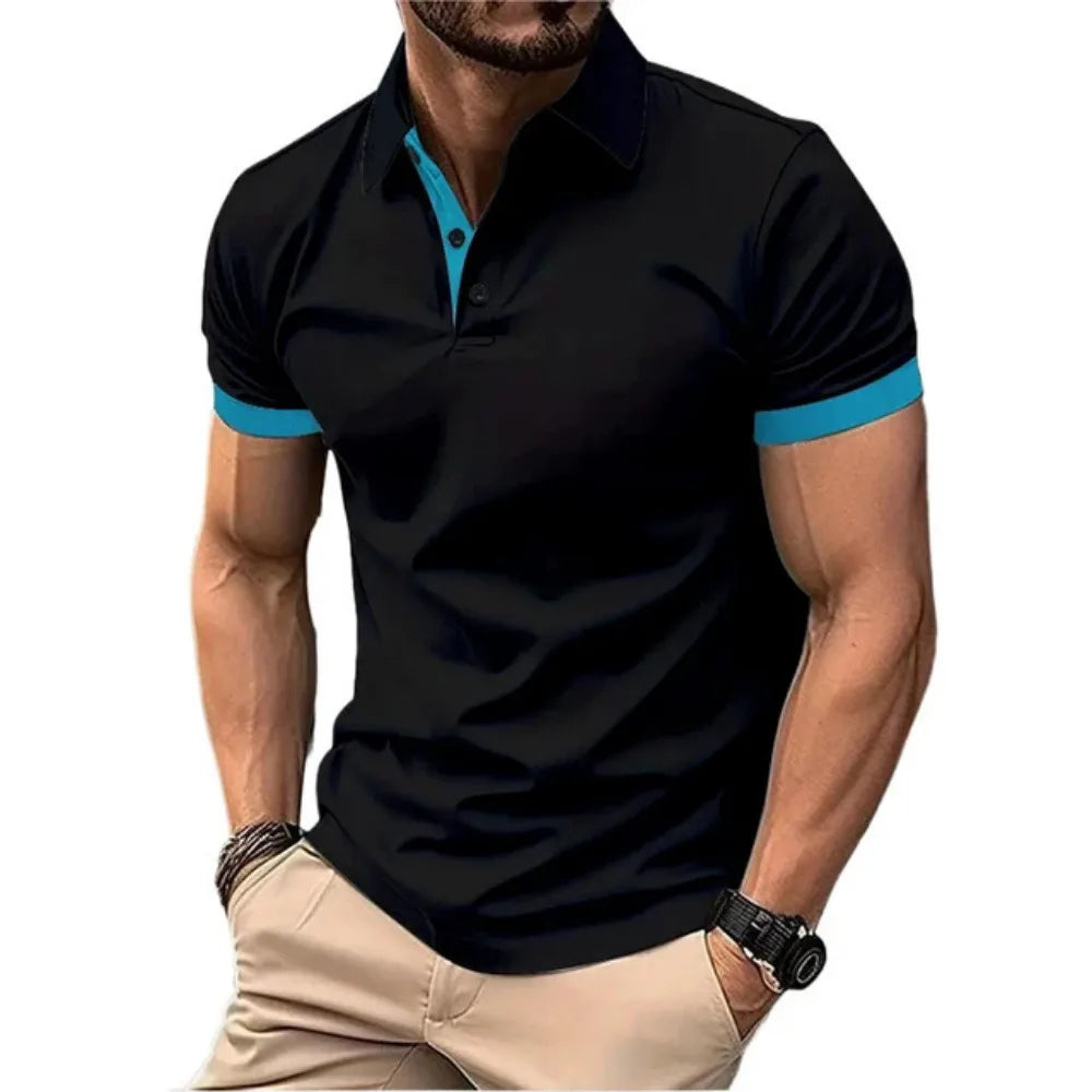 Camisa polo masculina de manga curta, corte slim casual, com blocos de cores, estilo inglês streetwear. Moda masculina.