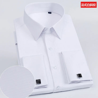 Camisa masculina com abotoaduras francesas, ajuste fino de manga comprida, manga de negócios, sem unhas, camisa formal masculina de cor sólida