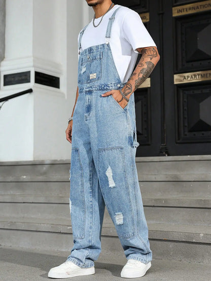 Macacão Jeans Masculino Moderno para o Verão, com Caimento Solto de Perna Larga, Design Rasgado e Estilo Urbano