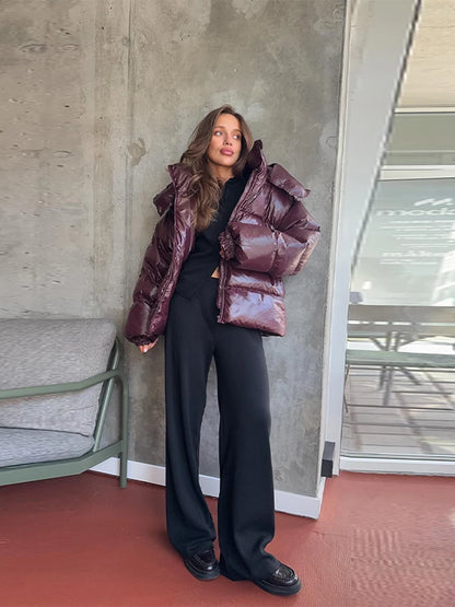 Moda com capuz recortado jaqueta acolchoada para mulheres casual sólido zíper bolso casaco de grandes dimensões senhora 2025 inverno rua quente outerwear