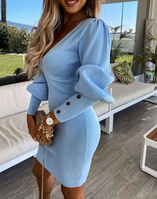 Cpsymym vestidos femininos outono puff gigot manga abotoada casual cor sólida manga longa com decote em v malha bodycon midi vestido