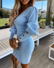 Cpsymym vestidos femininos outono puff gigot manga abotoada casual cor sólida manga longa com decote em v malha bodycon midi vestido