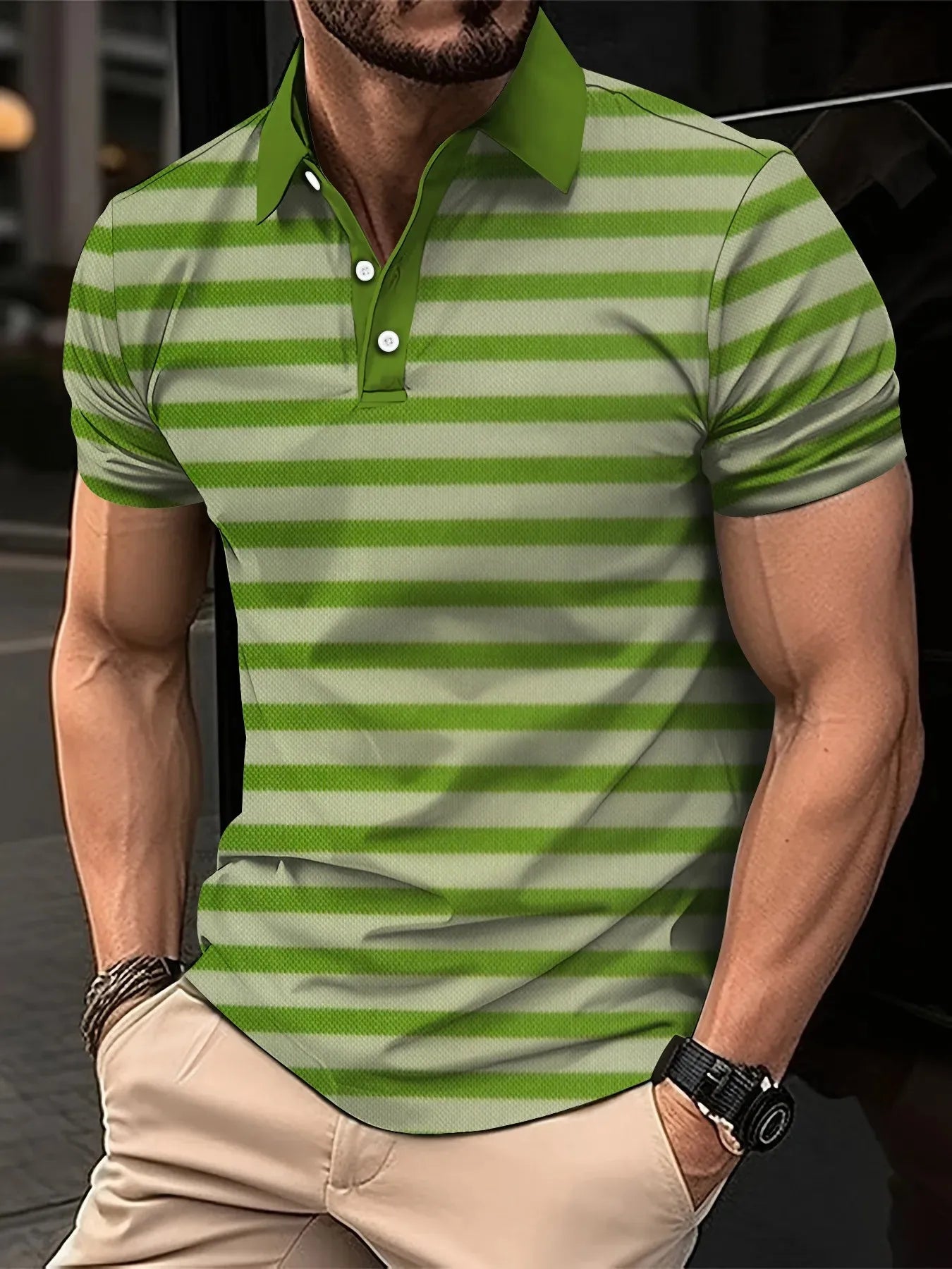 2026 Summer Men's Polo Shirt with Stripes Print Breathable Lightweight Casual Fashionable Outdoor Men's Clothing