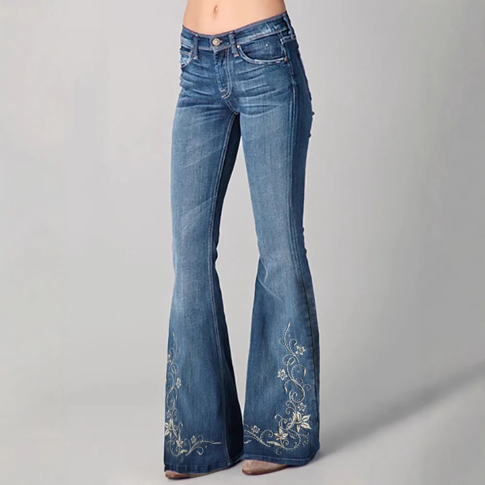 Novas Calças Jeans Flare Femininas com Estampa Digital 3D, Cintura Alta, Ajuste Slim, Denim Elástico, Estilo Casual e Moderno para Uso Diário