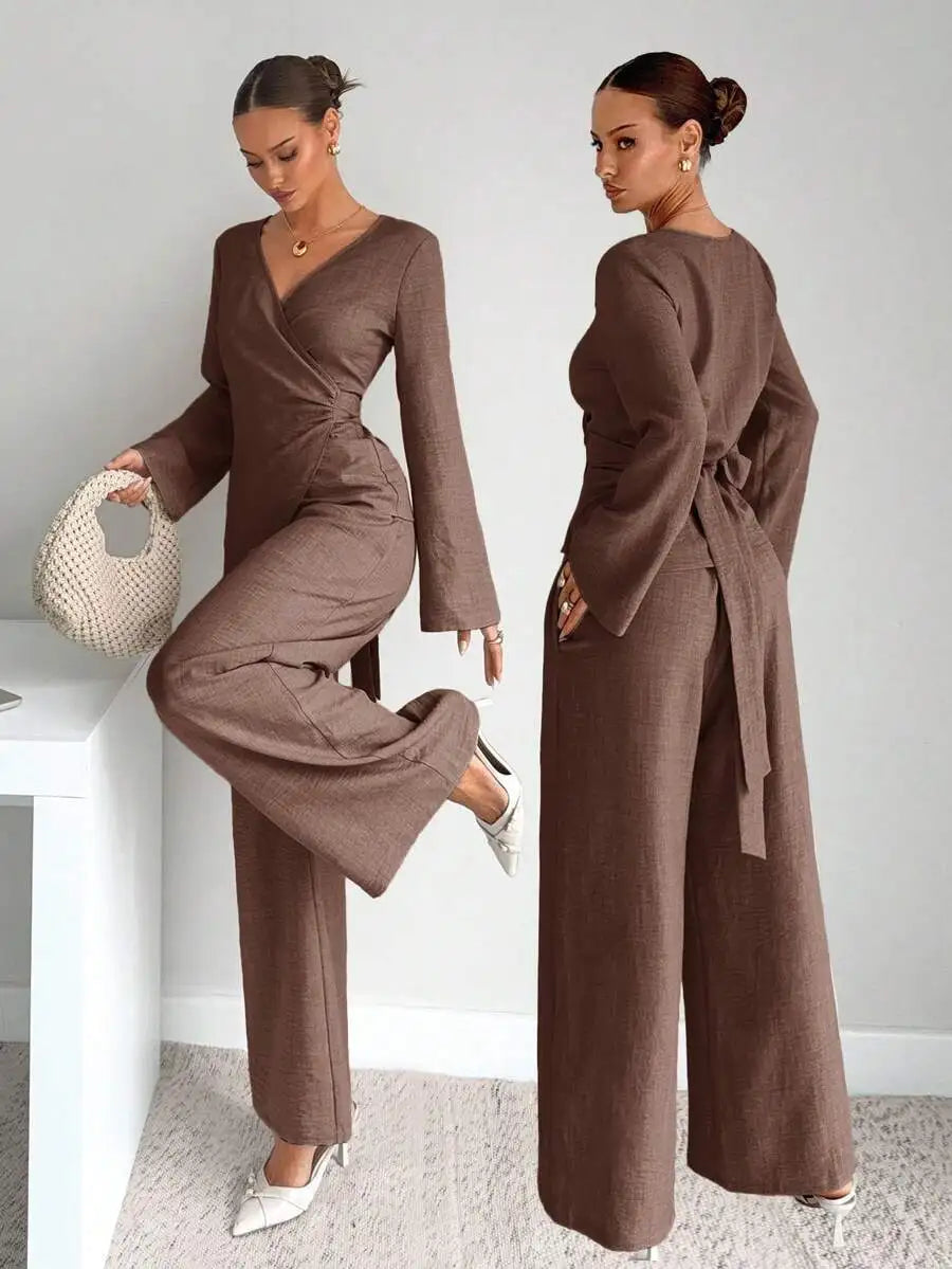 Conjunto de blazer elegante listrado com cinto e calça pantalona de duas peças para mulheres