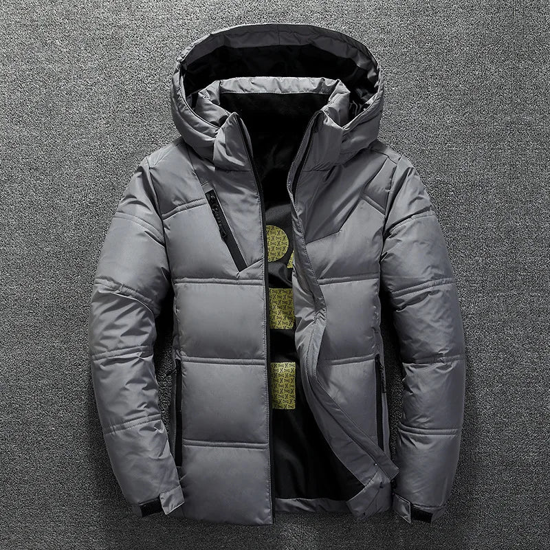 Pato branco para baixo jaqueta masculina inverno casaco à prova de vento removível boné parkas cor sólida ao ar livre casual com capuz roupas