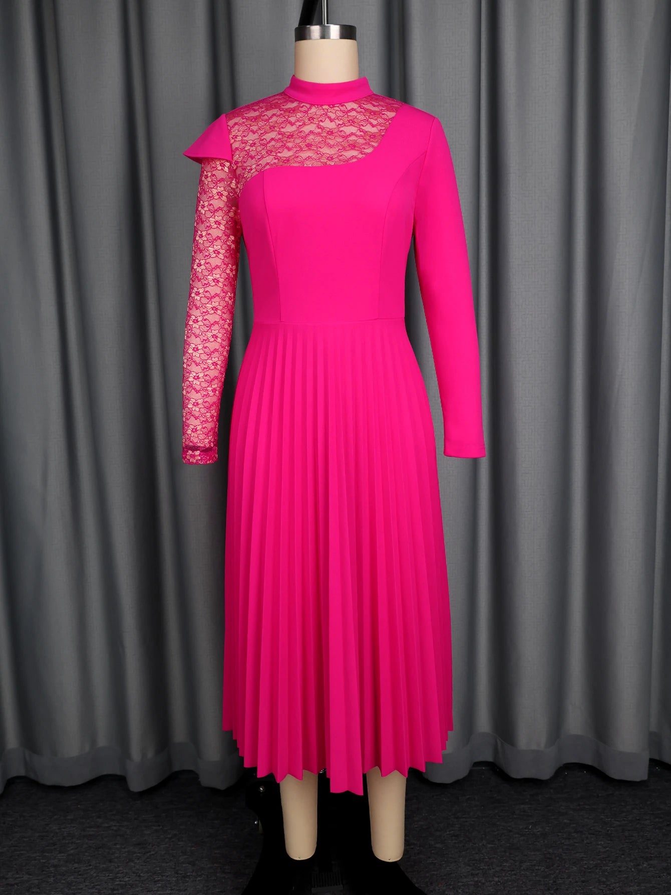 Rose Women A Line Pleated Dresses Half High Collar Patchwork Lace Long Sleeves Elegant Evening Church Party Wedding Guest Wear