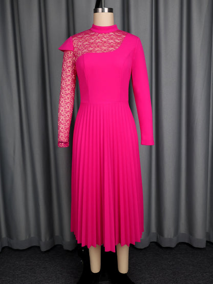 Rose Women A Line Pleated Dresses Half High Collar Patchwork Lace Long Sleeves Elegant Evening Church Party Wedding Guest Wear