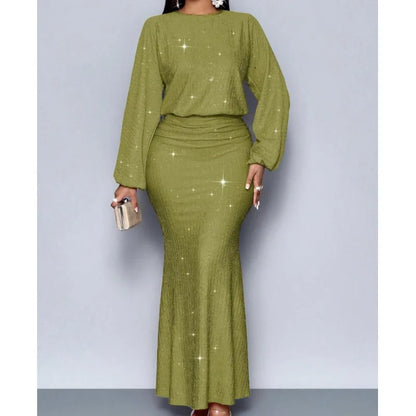 Vestido Elegante de Manga Longa com Decote Redondo e Cintura Alta para Mulheres, Vestido de Festa Formal Chic para Noite
