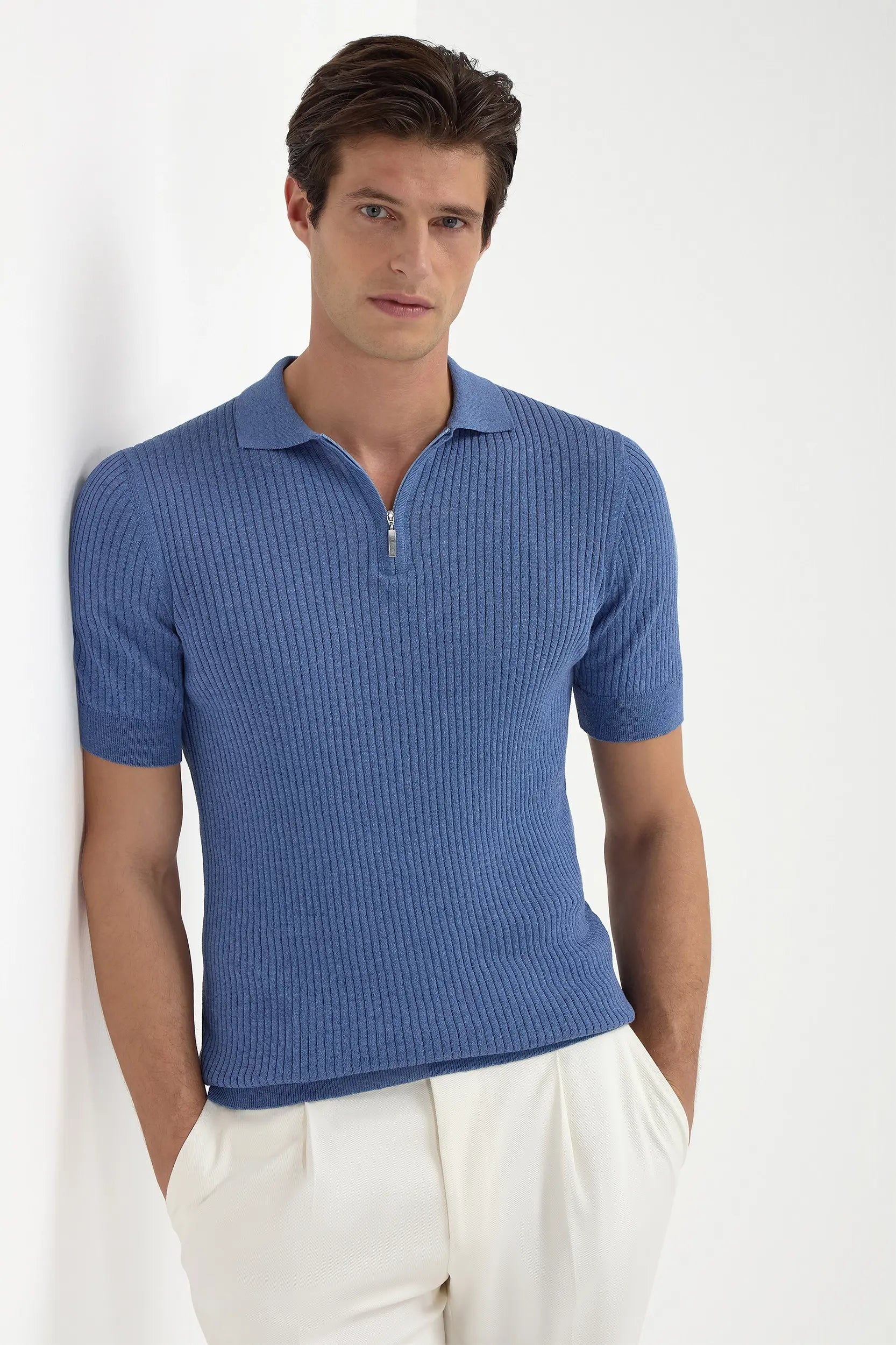 Sky blue thin rib zipped polo - Made in Italy