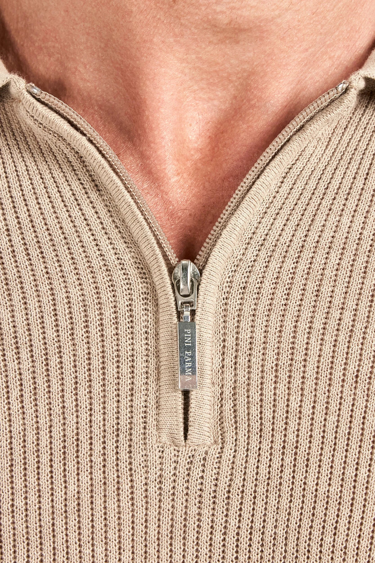 Taupe ribbed zipped polo - Made in Italy