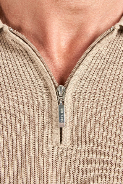 Taupe ribbed zipped polo - Made in Italy