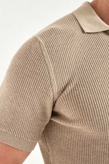 Taupe ribbed zipped polo - Made in Italy
