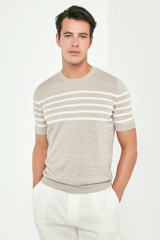 Taupe striped linen t-shirt - Made in Italy
