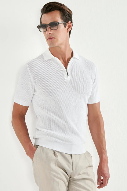 White ribbed zipped polo - Made in Italy