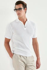 White ribbed zipped polo - Made in Italy