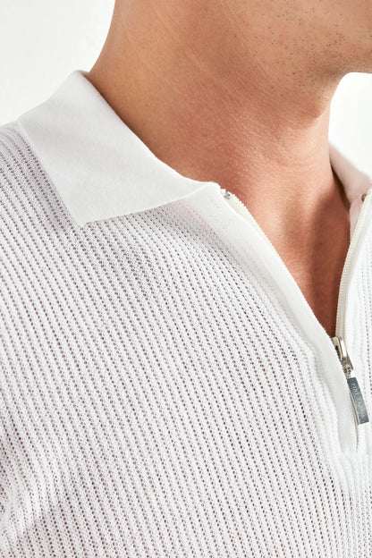 White ribbed zipped polo - Made in Italy
