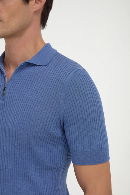 Sky blue thin rib zipped polo - Made in Italy