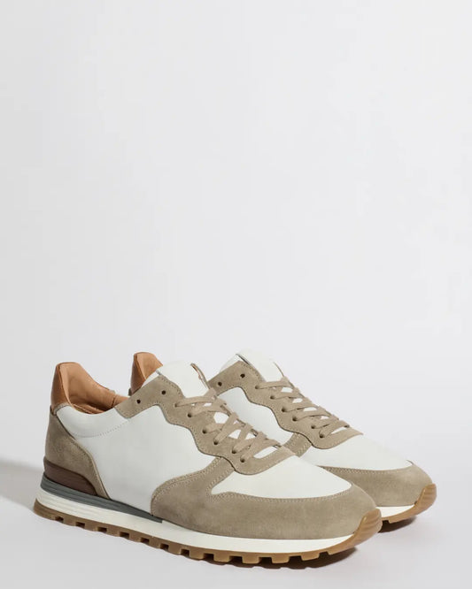 Taupe and white nabuk and suede runners - Made In Italy